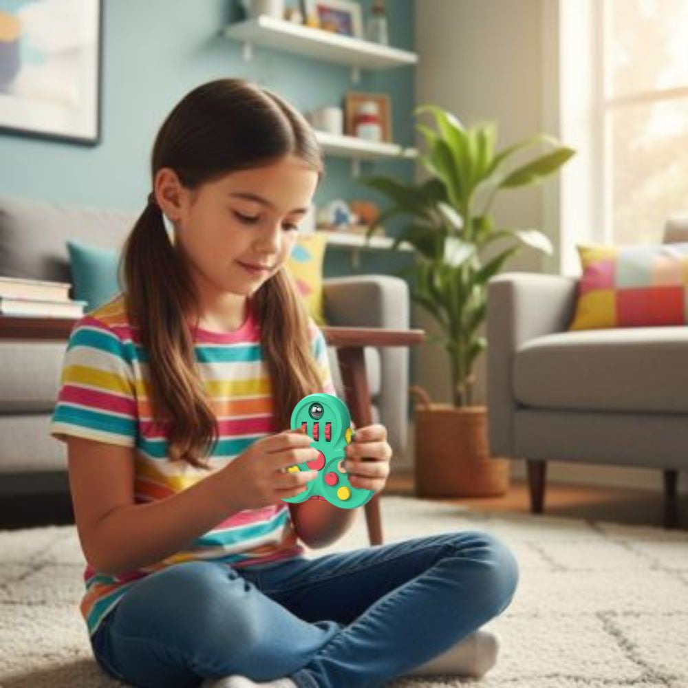 fille étudiant avec concentration son jouet anti stress  le vert fidget toy  en forme de fève avec boutons multiples