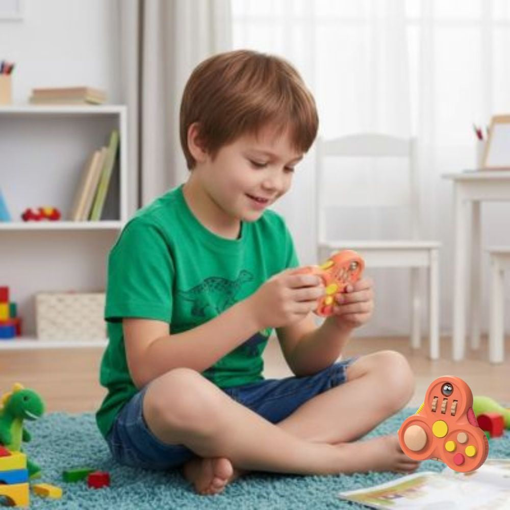 garçon avec un fidget toys coloré orange un fidget spinner pour jouet anti stress winner
