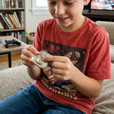 un garçon de 10ans fasciné par son jouet anti stress