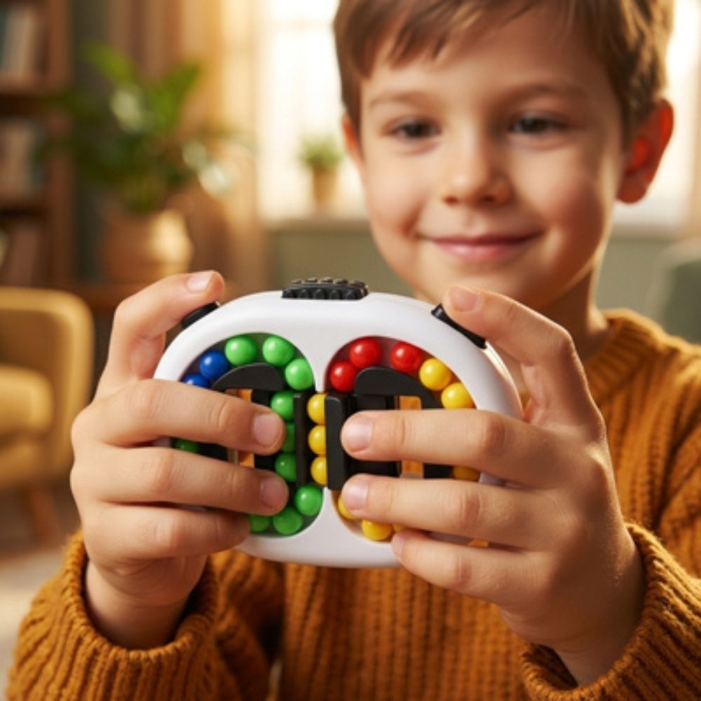 le garçon est fier de sa réussite avec son jouet anti stress à billes et haricots