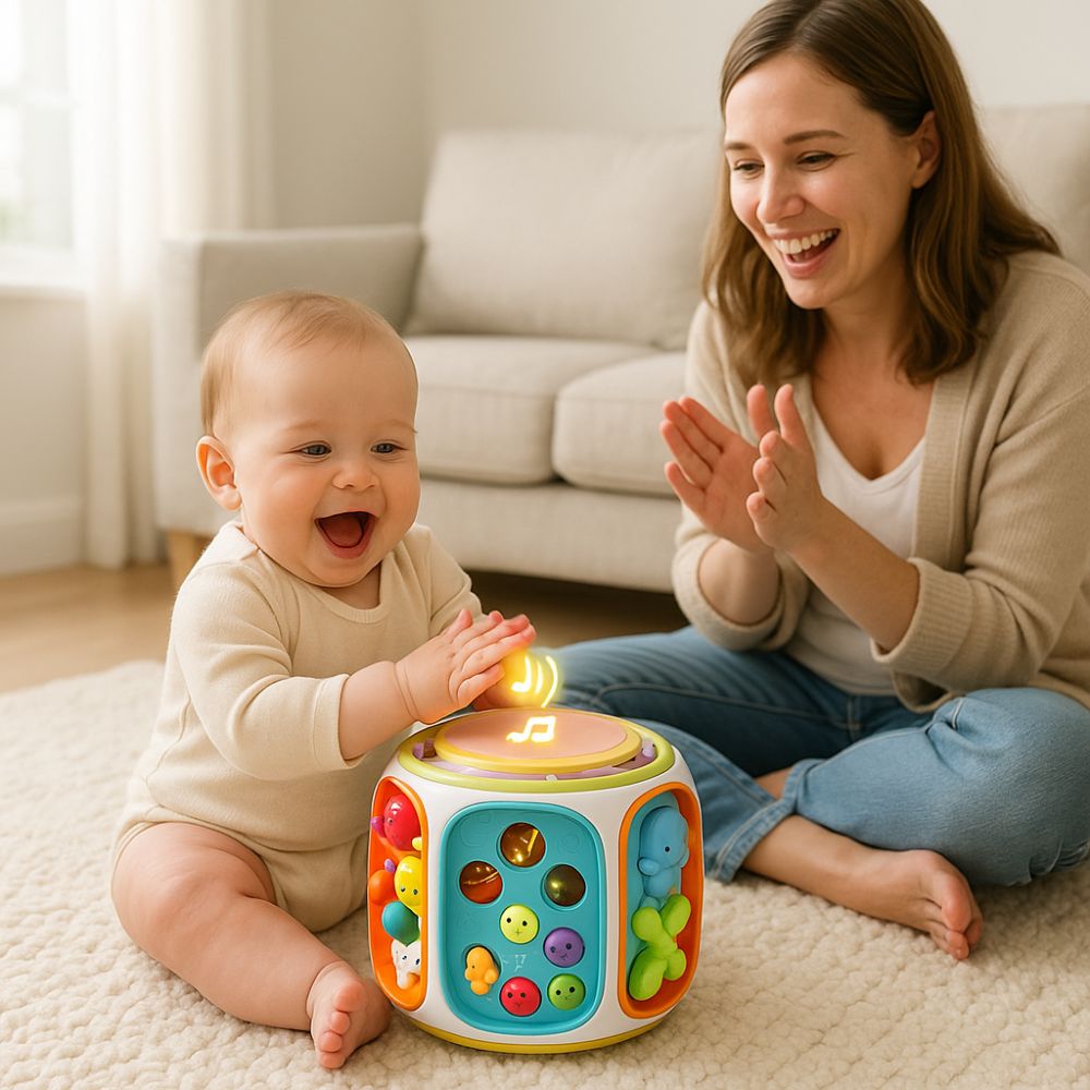 un bébé joue du tambour avec son nouveau jouet bebe interactif