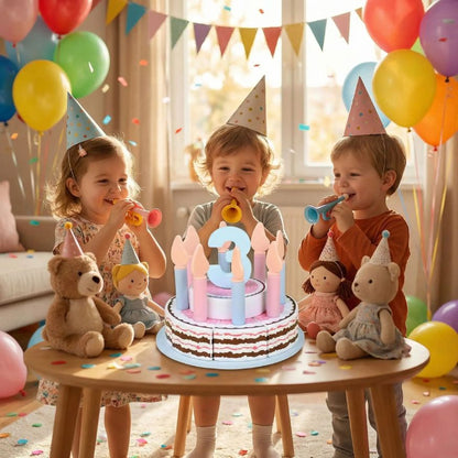 3 enfants de 3 ans jouent  à la cuisine enfant en bois et célèbrent dans la joie avec un magnifique gâteau d'anniversaire en bois à construire
