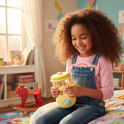 une petite fille tient sa peluche interactive jouet de cuisine blender pour smoothie's à la banane jaune