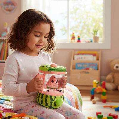 une petite fille tient sa peluche interactive jouet de cuisine blender pour smoothie's pastèque melon d'eai rose et vert