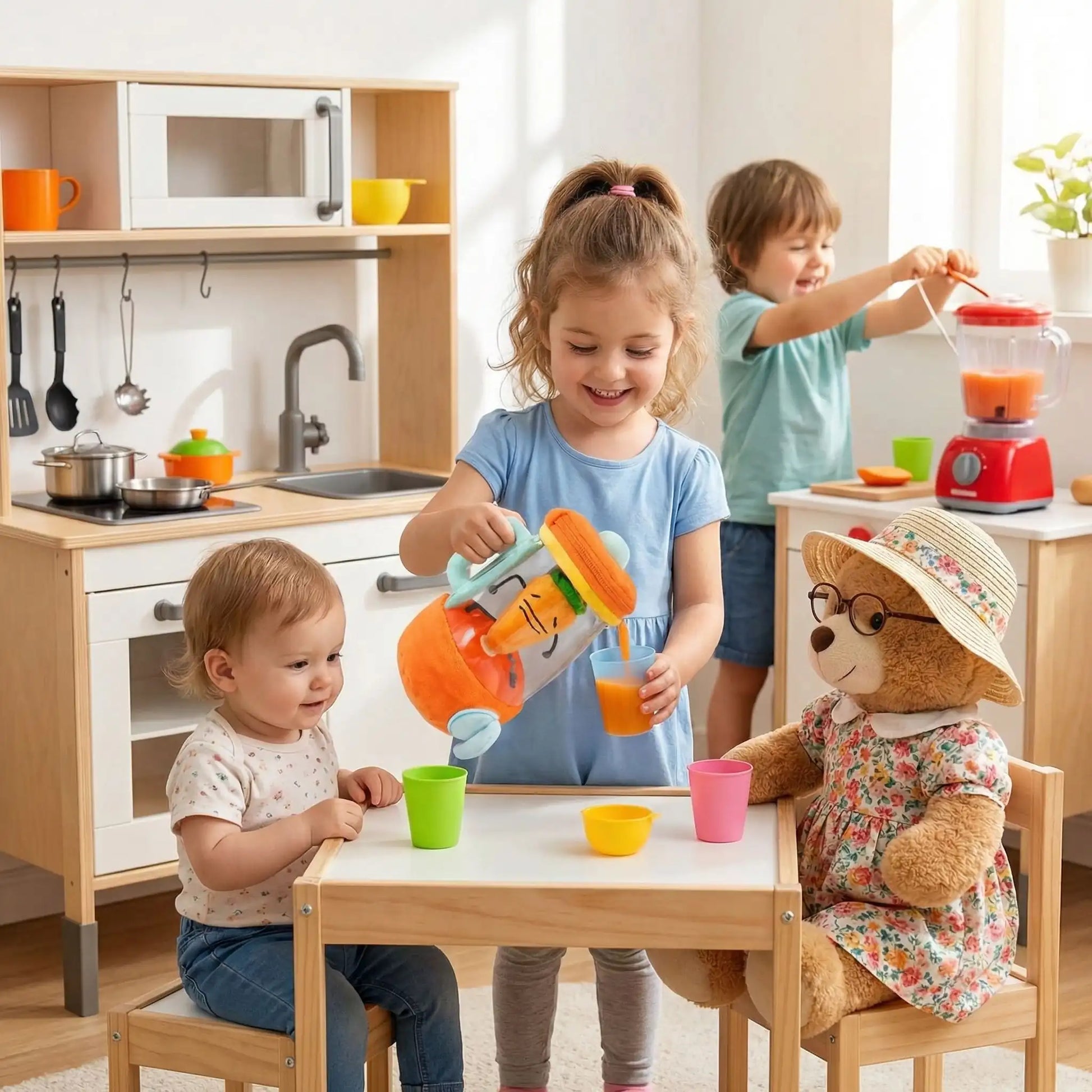 des enfants dans le coin de jeu cuisine enfant jouent avec le jouet de cuisine populaire la peluche interactive BLENDER À JUS DE FRUIS SMOOTHIES