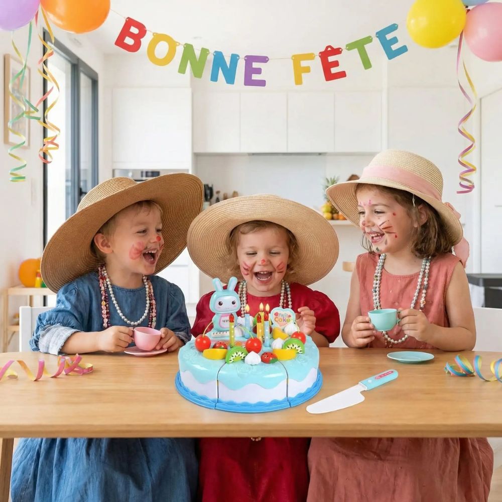 3 enfants se déguisent on imitent un jeu de rôle où ils servent le gâteau d'anniversaire avec le jouet pour cuisine qu ils viennent de recevoir