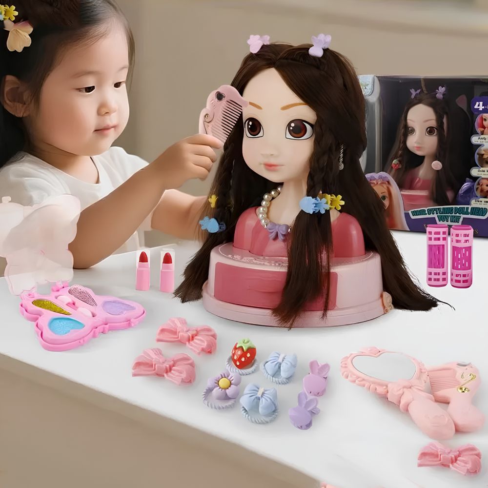 jouet tete à coiffer pour petite fille de 2-5 ans maquillage et rangement inclus