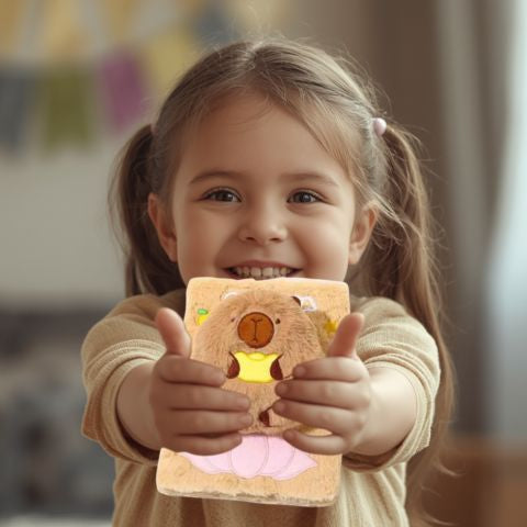 une enfant tient fièrement dans ses main son journal intime fille Capybara Kawaii que sa mamie d'amour vient de lui offrir