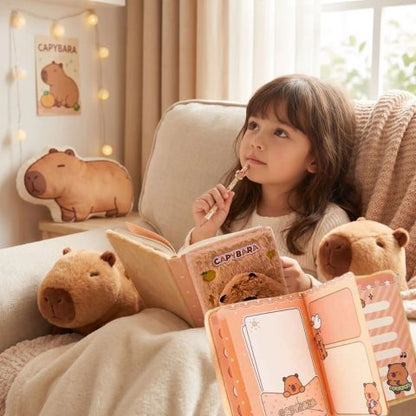 une fillette de 6 ans réléchit à ce qu'elle va écrire dans son journal intime fille. Elle est entourée de ses peluches capybara kawaii