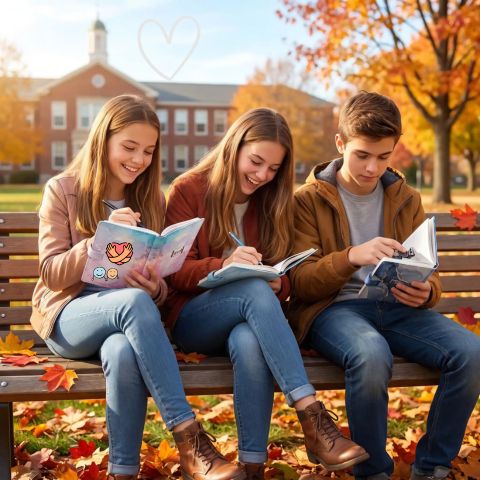 3 jeunes heureux de la rentrée des classe écrivent dans leur journal intime des histoires qu'ils ont partagées avec des amis.