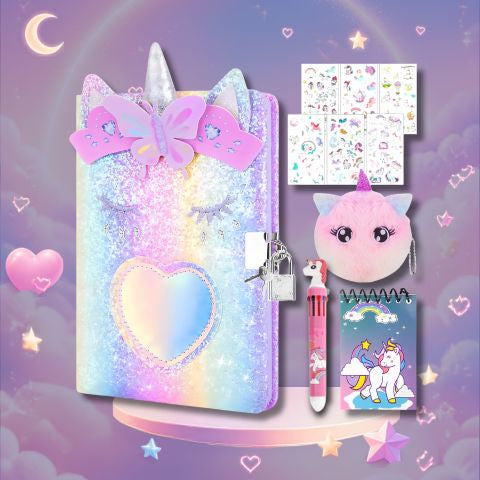 journal intime fille licorne magique crayon, calepin, sticker et trousse kit cadeau complet