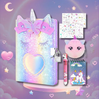 journal intime fille licorne magique crayon, calepin, sticker et trousse kit cadeau complet