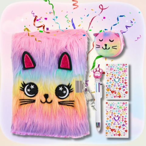 journal intime fille chat arc en ciel poilu avec trousse miaow, stylo et stickers