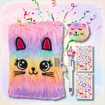 journal intime fille chat arc en ciel poilu avec trousse miaow, stylo et stickers