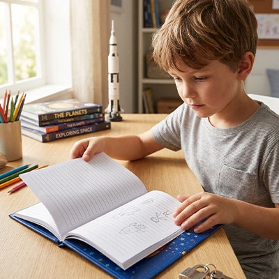 L'enfant feuillette son journal intime garçon en revivant certaines anecdotes amusantes