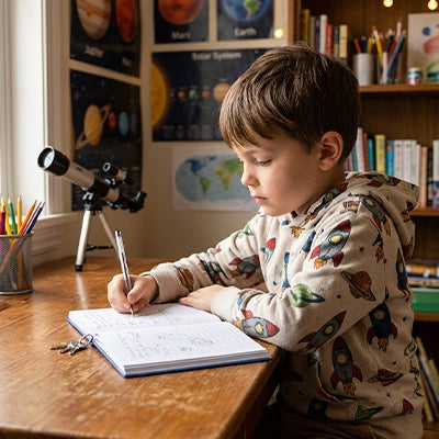 un garçon de 7 ans dessine dans son journal intime garçon ce qu'il vient de voir dans son téléscope 