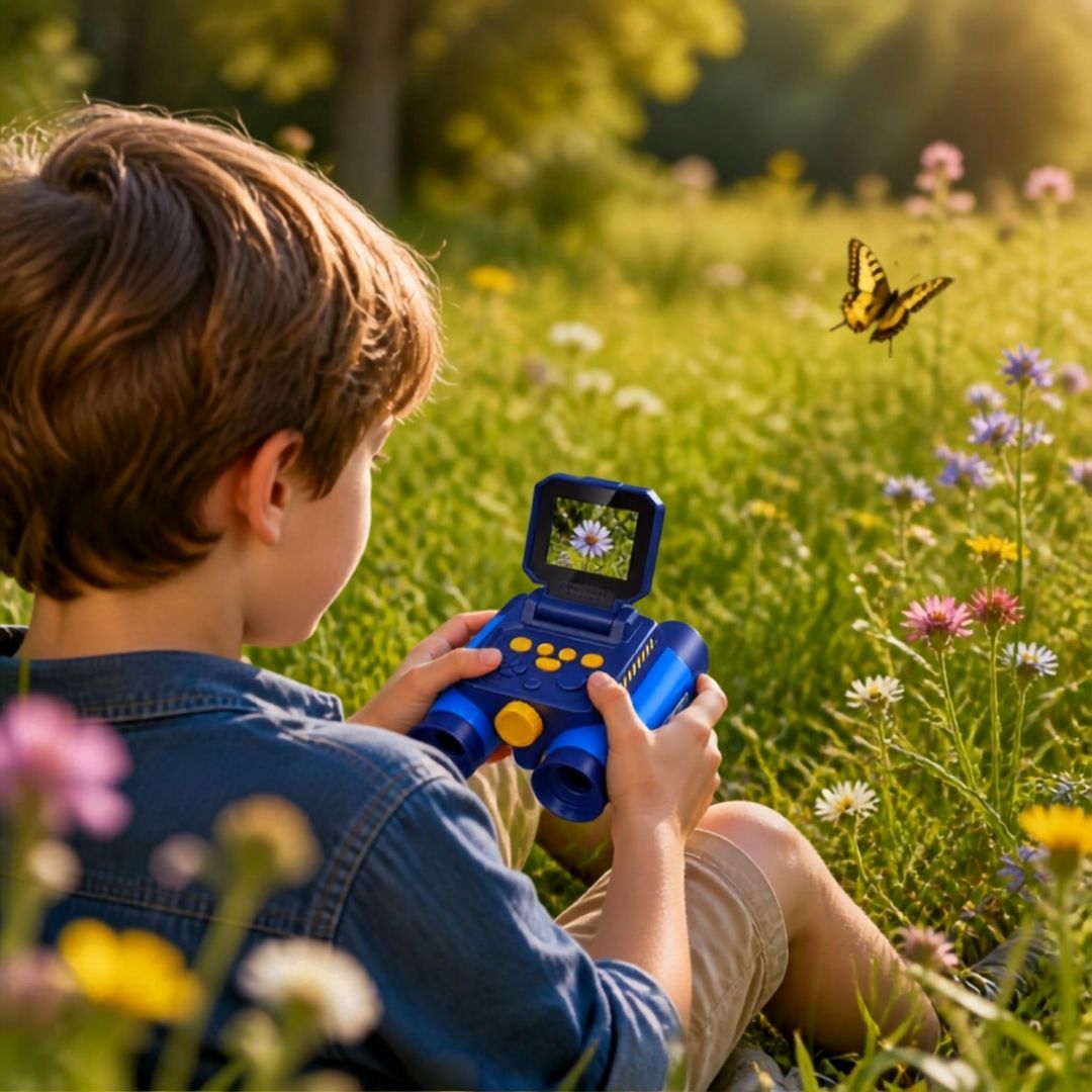 un gar^con film de très près un papillon avec ses Jumelles d'exploration de jeux-focus