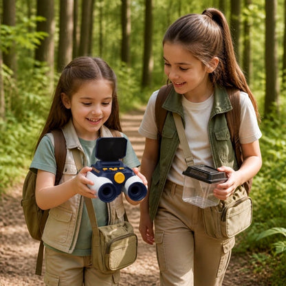 2 enfants observes t explorent les secrets de la forêt avec des jumelles mumériques