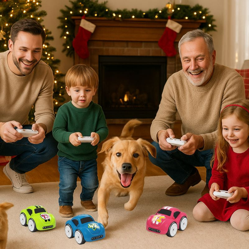une famille se rencontre à Noël et joue avec la mini voiture télécommandée que thomas a recu du Père Noël 3 génération heureuse