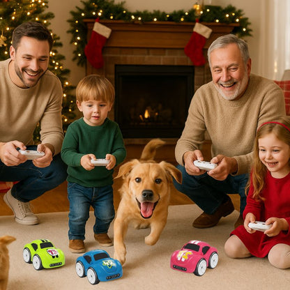 une famille se rencontre à Noël et joue avec la mini voiture télécommandée que thomas a recu du Père Noël 3 génération heureuse