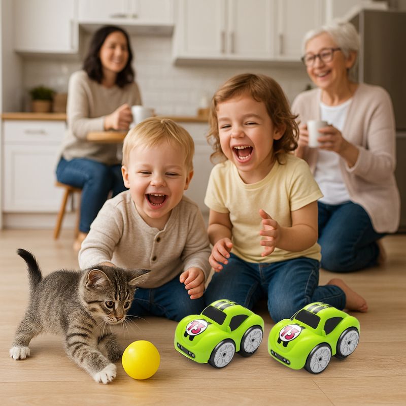voyez un chaton courir derriere les voitures télécommandées miniature qui suivent la balle jaune lancée par les enfants pour le plaisir du jeu