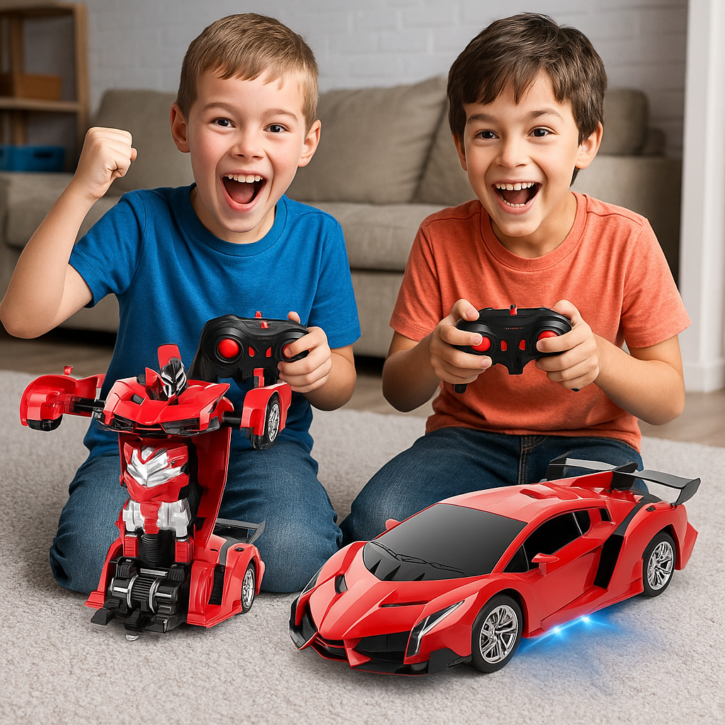 2 jeunes enfants passionnées de leur voiture télécommandée rouge et noire reçu pour Noël