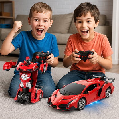 2 jeunes enfants passionnées de leur voiture télécommandée rouge et noire reçu pour Noël