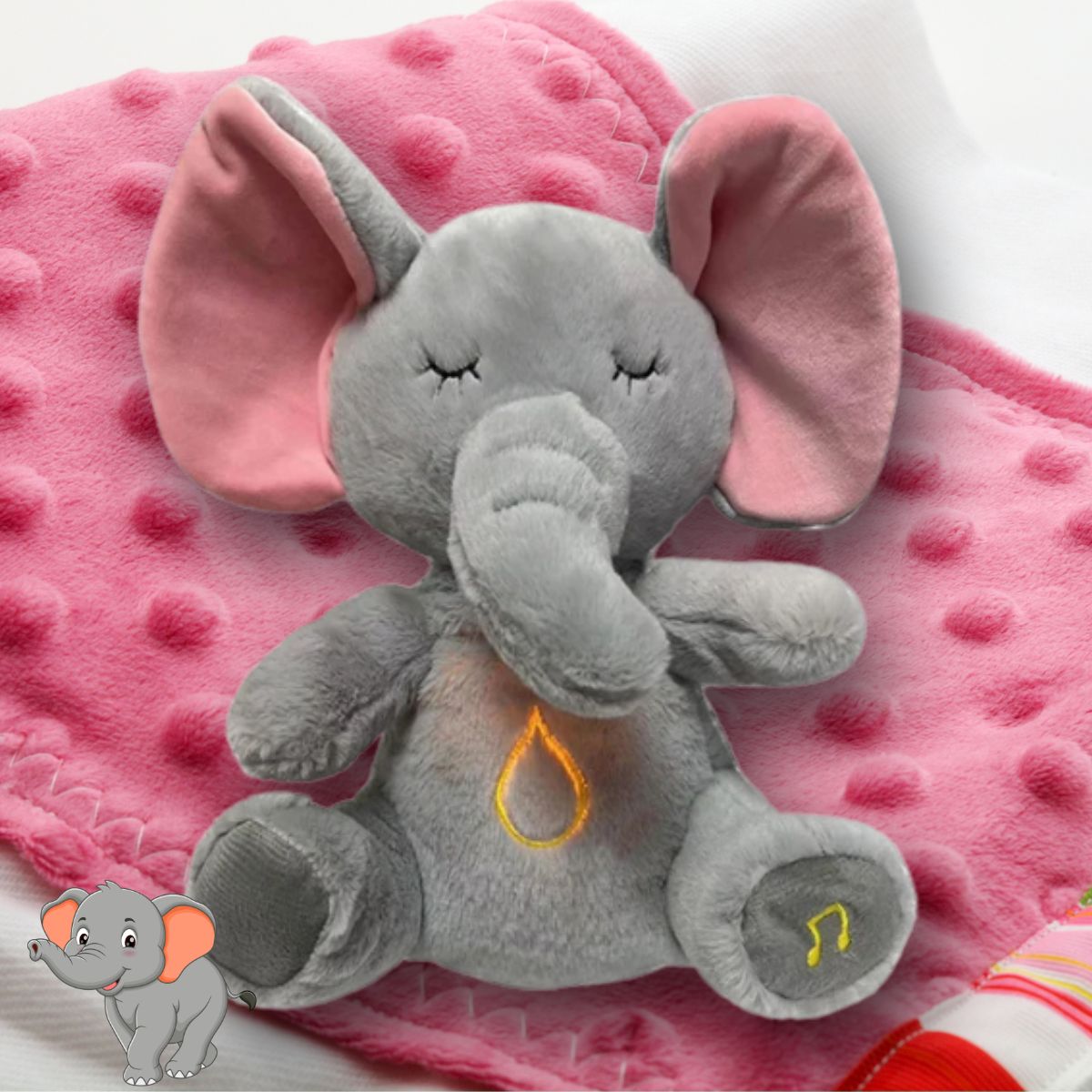 Doudou qui respire doucement éléphanteau, musique douce et veilleuse : l’allié idéal contre l’anxiété.