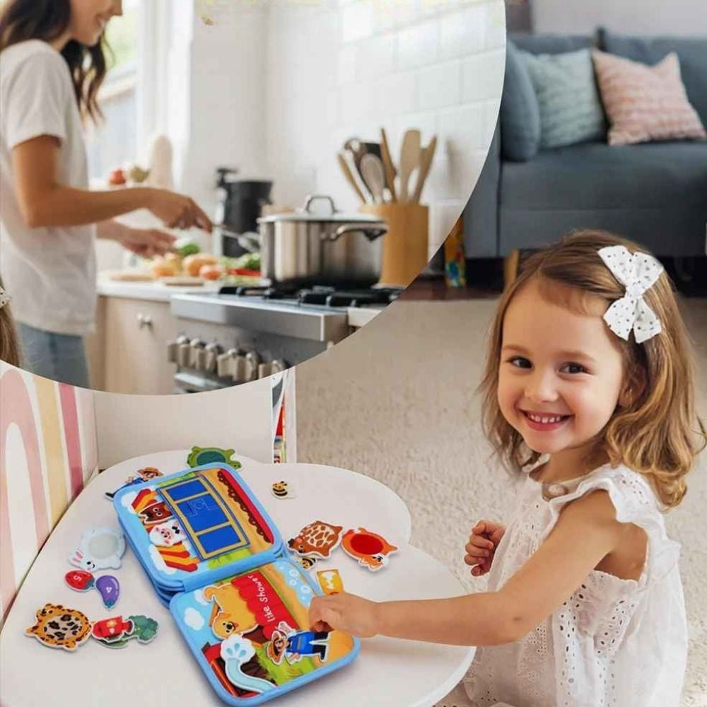 une fillette s'occupe paisiblement pendant que maman fait dle repas sans écran avec son lvre enfant 2 ans busy book