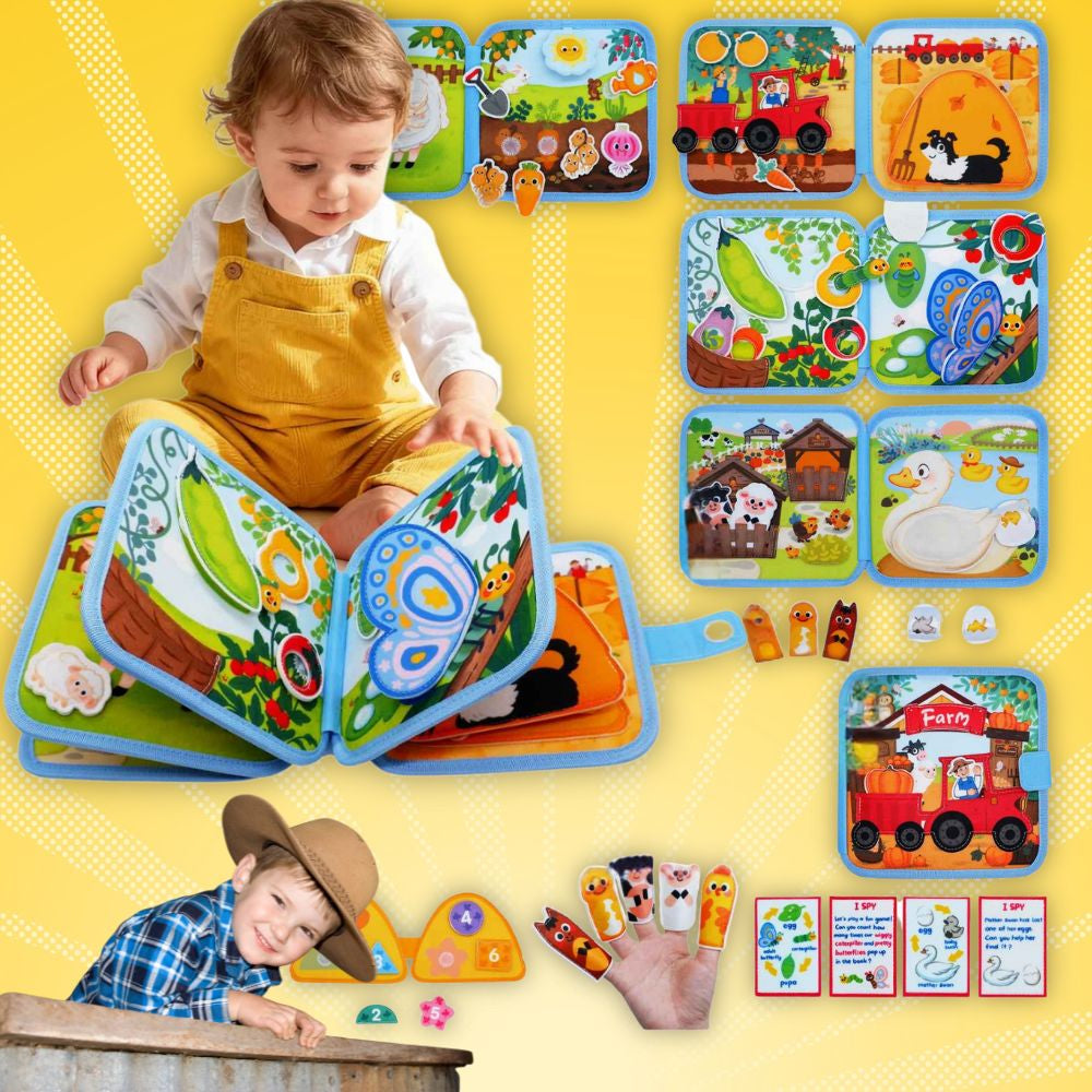 2 enfants regarde le livre enfant  , un busy board captivant pour les voyage et déplacement de 18 mois , 2 ans,4ans