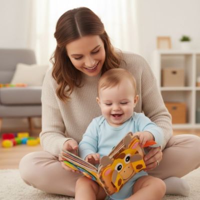 une mère et son bébé souriant regarde le livre pour enfant me irage-Jeux-Focus