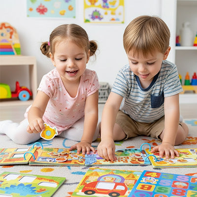 2 bambins rigolent en jouant avec leurs busy book les livres pour enfant Montessori