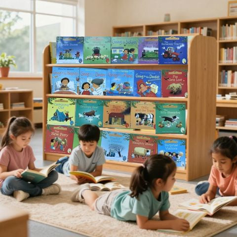 4 enfants lisent à la bibliothèque la collection des 20 livres pour enfant histoires anglaises imagées