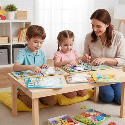 la mère joue aux livres pour enfant à étiquettes à coller velcro