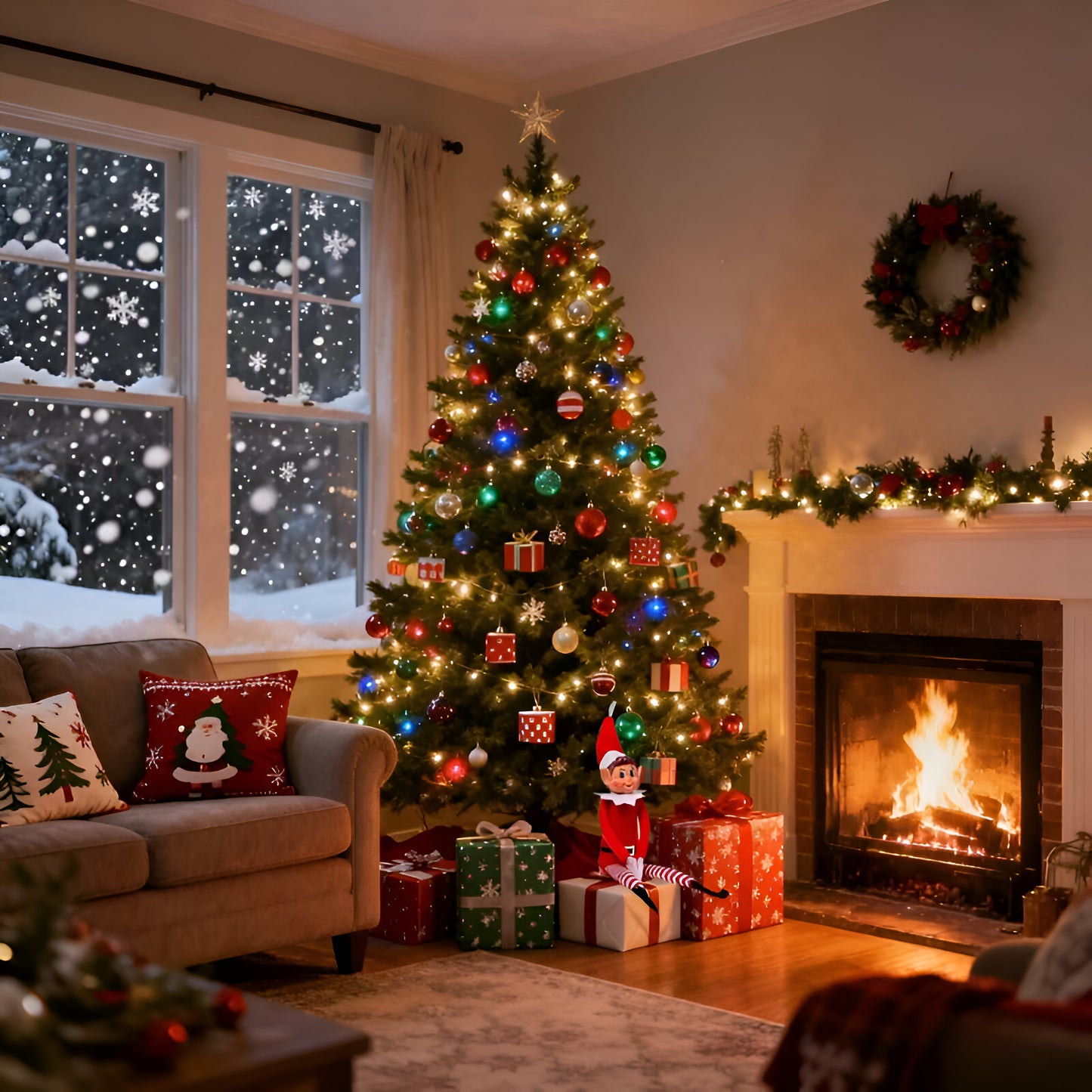 dans un beau salon décor de Noël chaleureux Lutin Farce admire le décor au près du feu de foyer