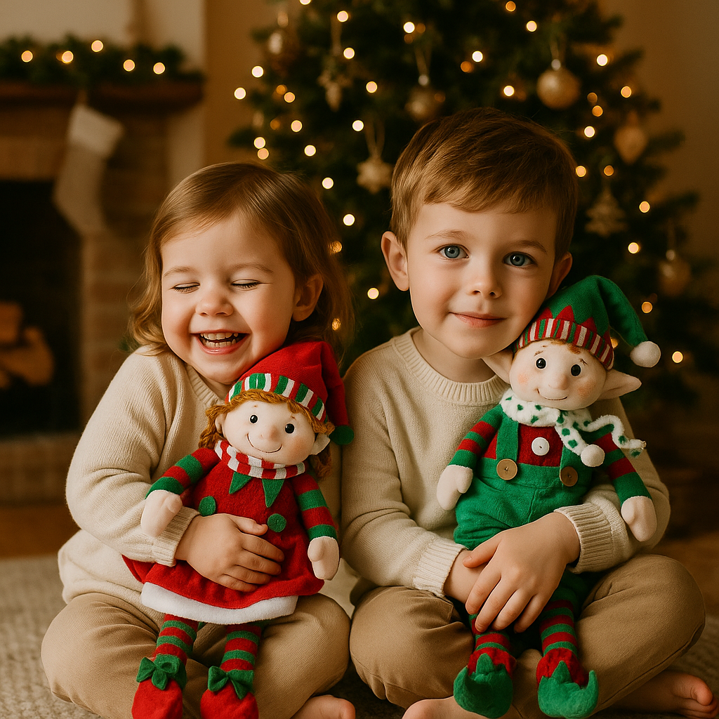 un garçon prend dans ses bras sa poupée lutin farceur vert tandis qu'une fillette chérit tendrement sa lutin farceur rouge