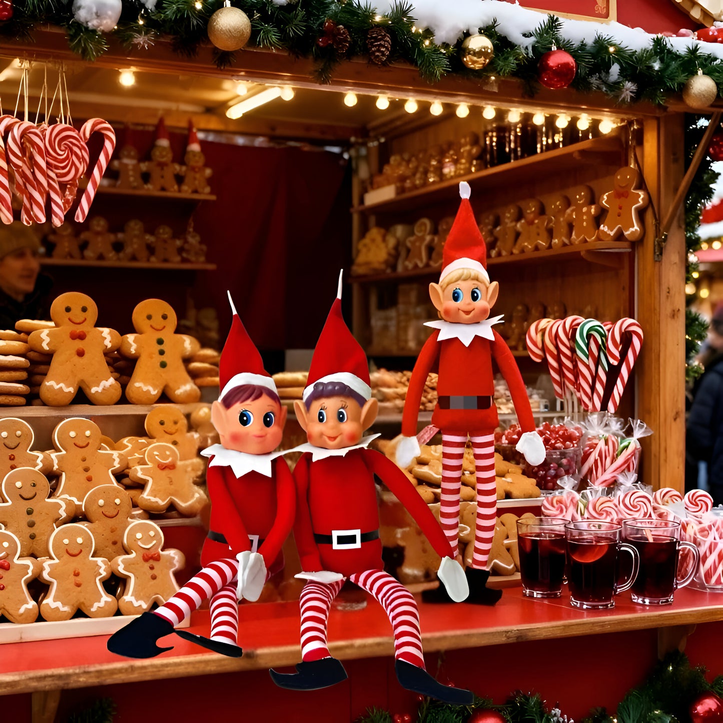 dans un comptoire de biscuits de Noêl 3 Lutin Farceur admire le décore festif en prenant un chocolat chaud