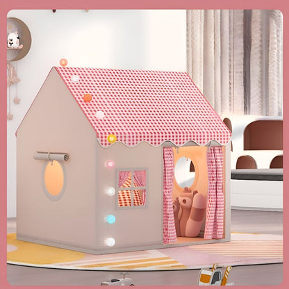 superbe maisonnette enfant rose à carreaux sur beige discret belle cabane d'intérieur en coton se transporte facilement et le montage est facile par un seul adulte