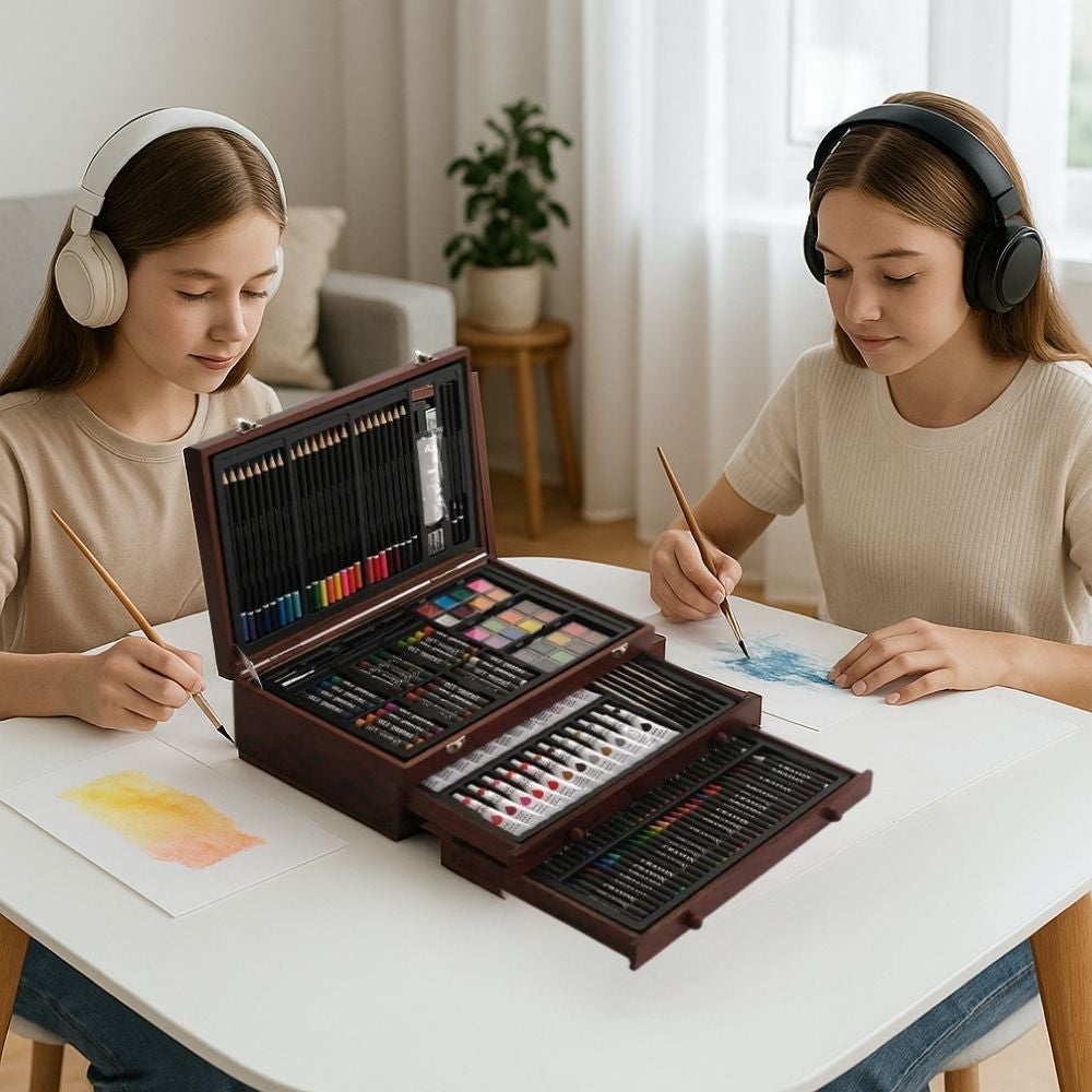 2 jeunes filles entrain de peindre avec le coffret malette dessin brun chocola bien garni