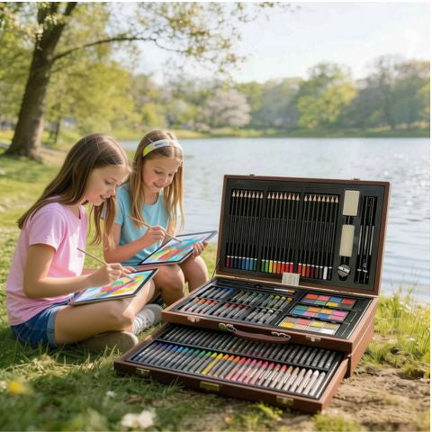 2 amies de 10-11 ans sur le bord de la rivière à créer avec la malette dessin de luxe portable partout
