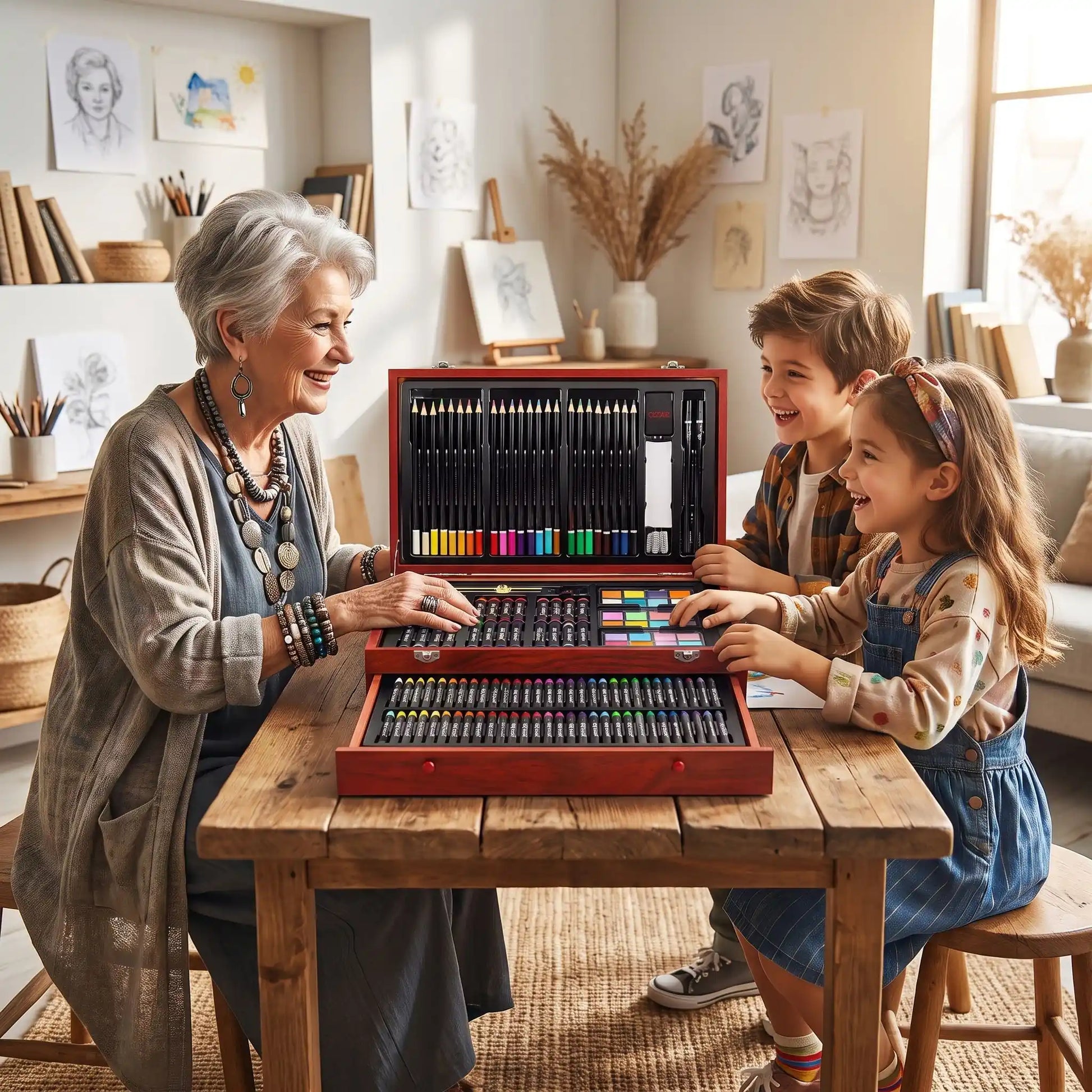 une grand-mère offre la malette dessin de luxe en bois à ses 2 petits artistes en herbe