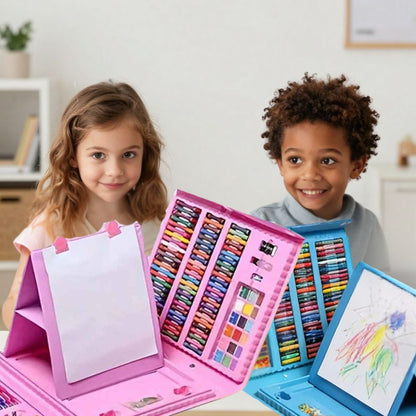 malette  dessin enfant bleu ou rose remplie de 208 crayons, craie et peinture le kit d'art de débutant parfait pour 3-15ans