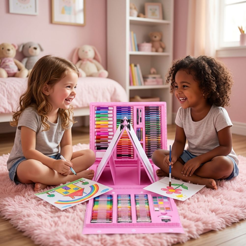 malette  dessin enfant  rose remplie de 208 produits de techniques d'artdifférents pour débutant 
