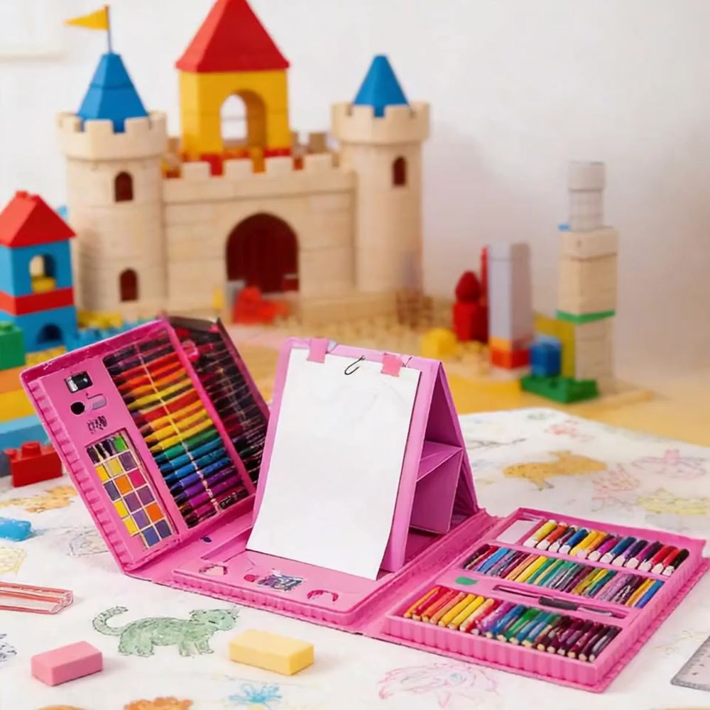 malette  dessin enfant  rose remplie de 208 crayons, craies et peinture  avec mini chevalet portable inclus