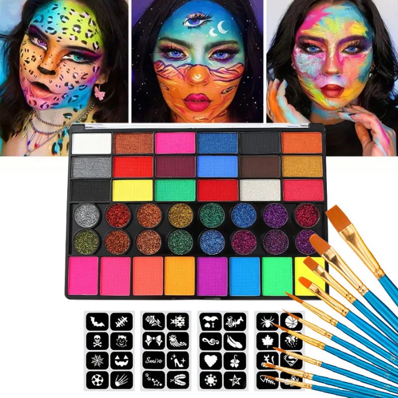 Maquillage Halloween riche, couleur paillette et fluorescent 42 couleurs  avec pinceaux et pochoirs