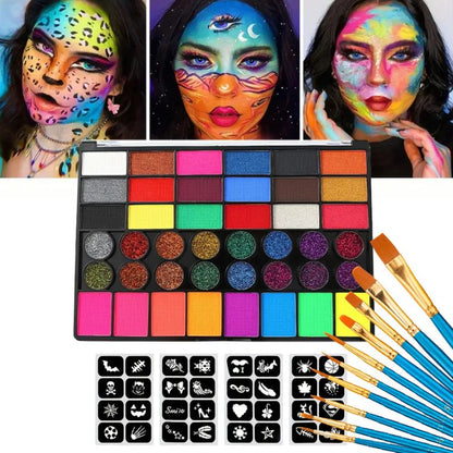 Maquillage Halloween riche, couleur paillette et fluorescent 42 couleurs  avec pinceaux et pochoirs