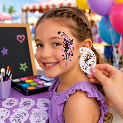 une fille de 6 ans fière de son maquillage enfant de fée des étoiles fait avec un pochoir maquillage