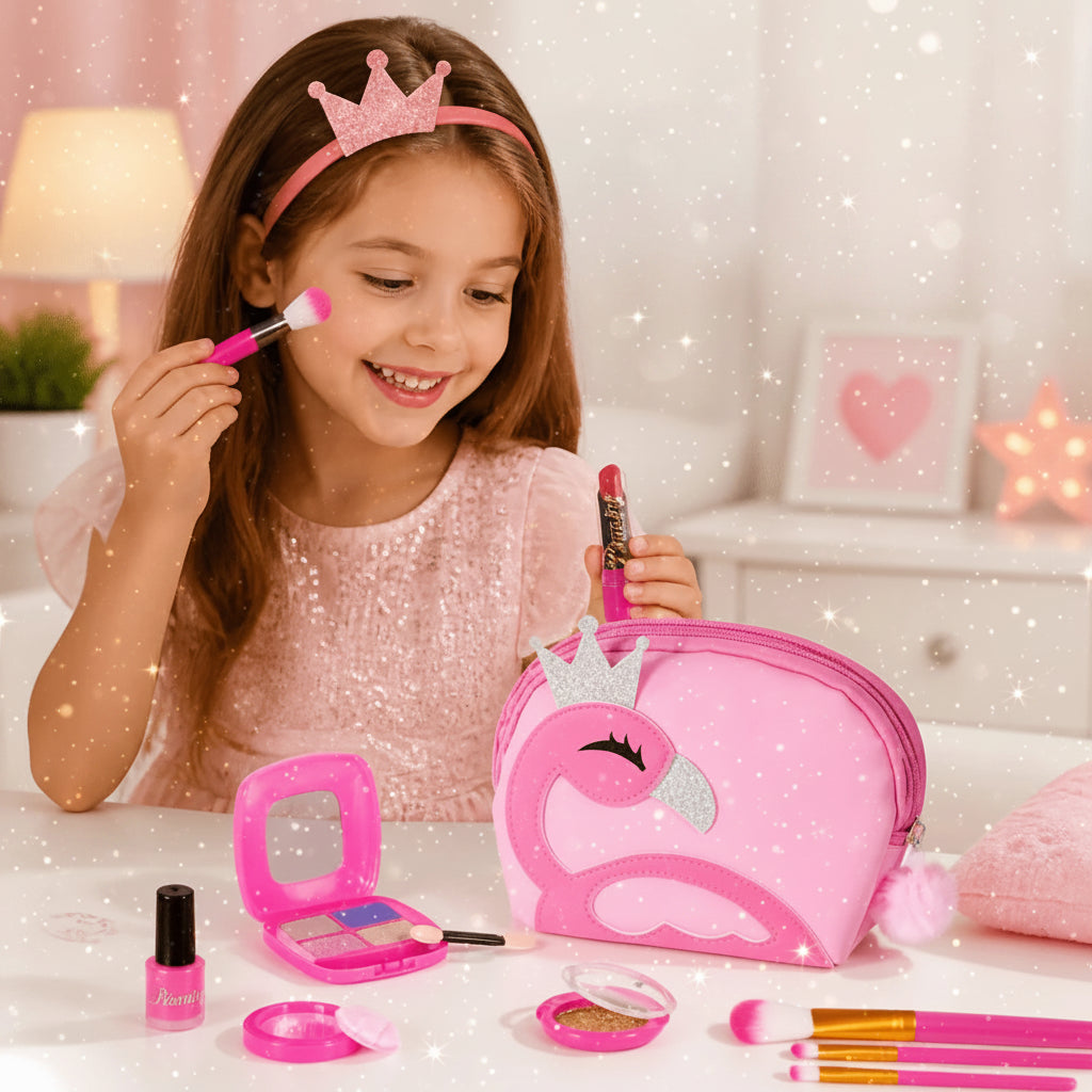 jeune fille de 5 ans fait semblant en jouant avec son maquillage enfant