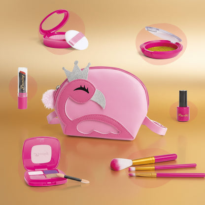 présentation sur fond doré de l'ensemble de maquillage enfant, Malette princesse flammand rose 