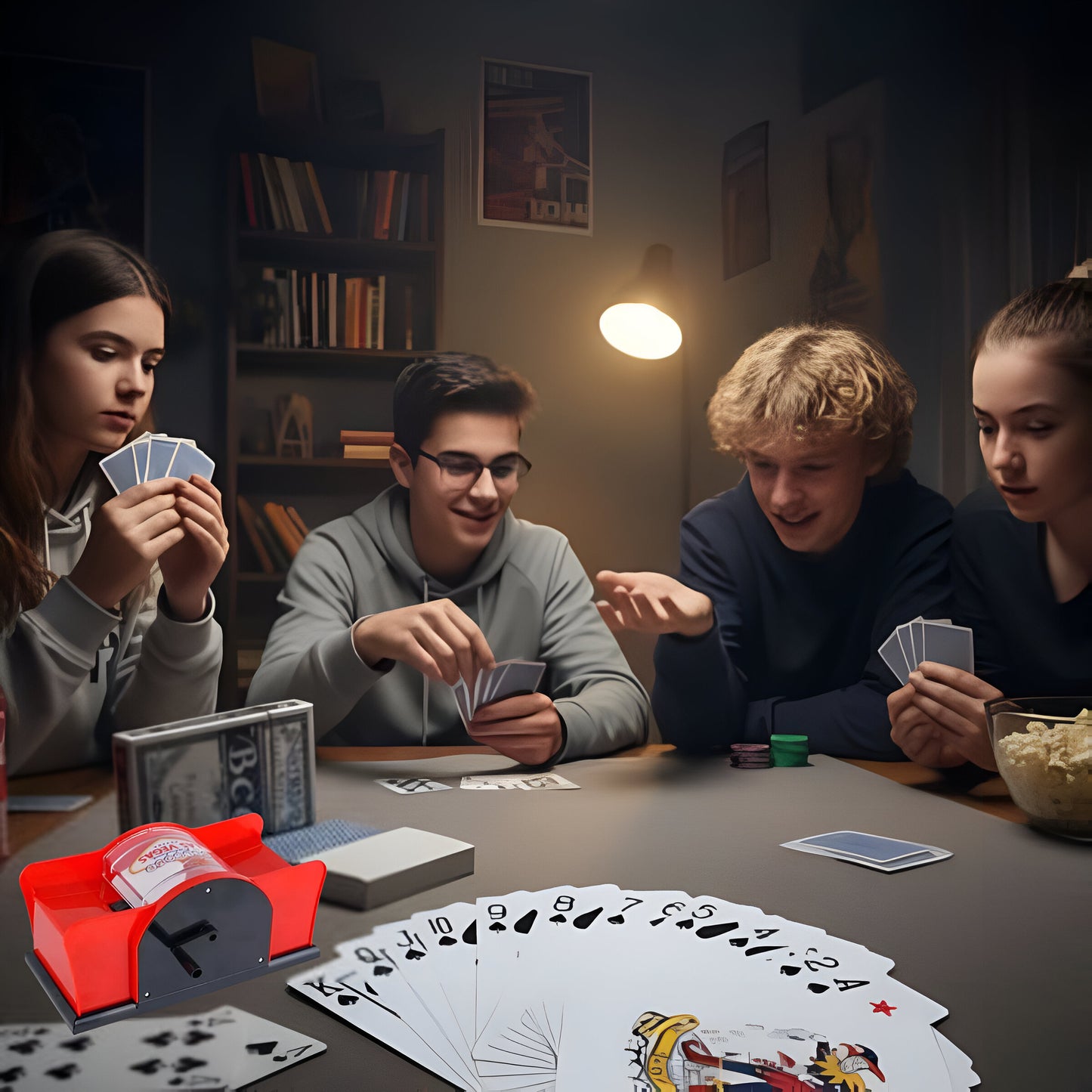 4 adolescents ont du plaisir à jouer aux cartes avec un jeu de 52 cartes à jouer et un mélangeur de carte rouge
